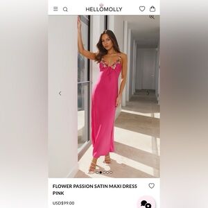 Hello Molly Pink Satin Maxi Dress with Floral Trim NWT